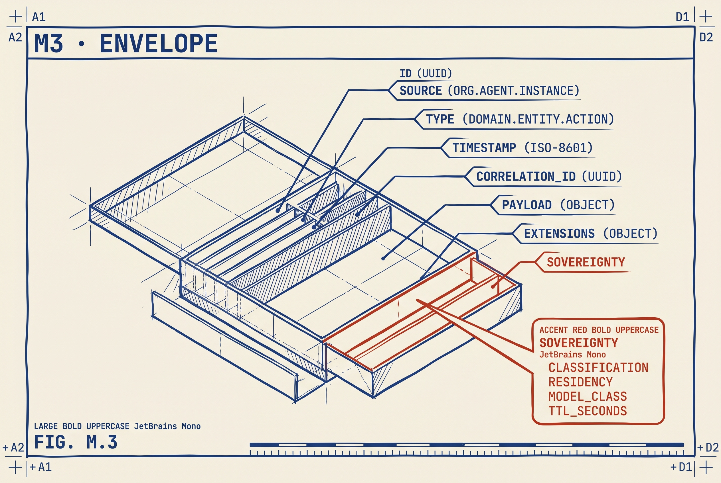 A blueprint-style drawing of a myelin envelope with leader lines pointing to its fields: id, source, type, timestamp, correlation id, payload, and — highlighted in red — the sovereignty stamp listing classification, residency, model class, and time-to-live.